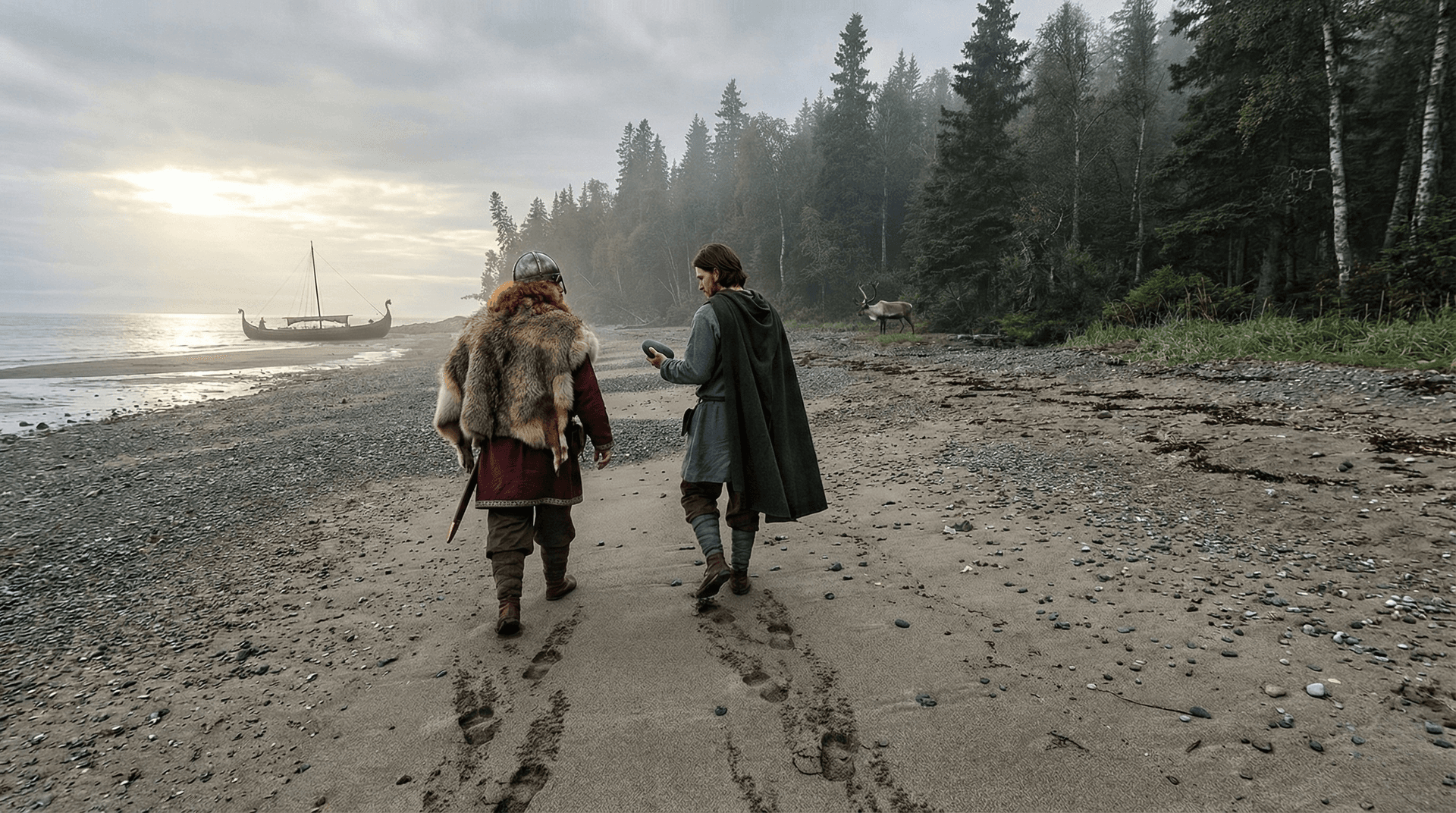 Vinland beach, longboat, misty forest