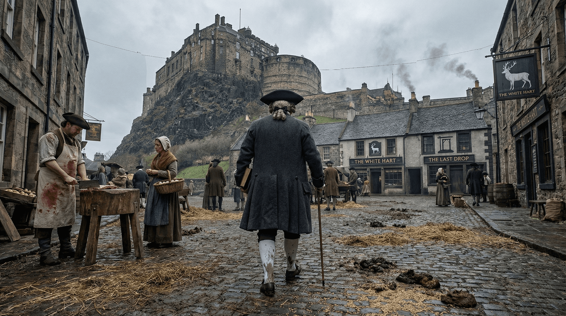Edinburgh Grassmarket, castle on cliff